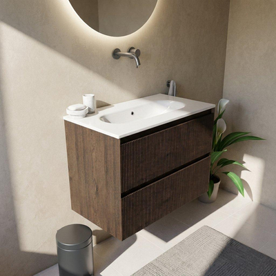 Saniclass Holz Atelier Ensemble de meubles de salle de bains - 80x45x73.9cm - Chaci lavabo en céramique blanc - 1 vasque - sans trou de robinet - 2 tiroirs - chêne charcoal mat (bois)