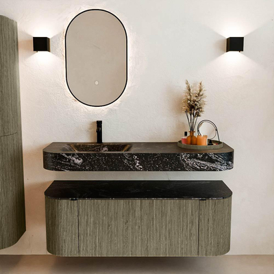 MONDIAZ THOR-DLUX Meuble de salle de bains 130cm arrondi gauche + droite couleur Shadow avec 1 tiroir et 2 portes. Vasque suspendue CLOUD Gauche 1 trou de robinet couleur Lava.