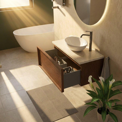 Saniclass Holz Frame Ensemble de meubles de salle de bains - 100x45x43cm - Plan de toilette en pierre naturelle travertin - 1 trou de robinet - 1 tiroir - walnut pure mat (bois)