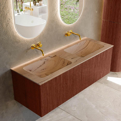 MONDIAZ KURVE-DLUX Meuble de salle de bains 130cm couleur Ruby avec 2 tiroirs et 0 portes. Lavabo LEAF Double sans trou de robinet Arena.
