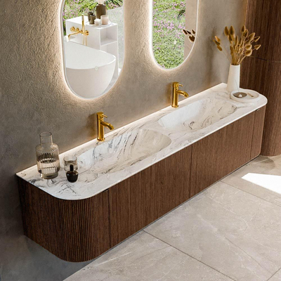 MONDIAZ KURVE-DLUX 190cm badmeubel met module 25 Len R kleur Walnut met 2 lades en 2 deuren. Wastafel STOR SMALL dubbel 2 kraangaten kleur Glace.