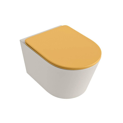 Mondiaz LAVIE hangtoilet – spoelrandloos – 36 x 53 cm – met softclose zitting – Linen (offwhite), zitting Ocher (geel)