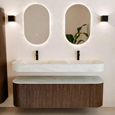 MONDIAZ THOR-DLUX 150cm meuble de salle de bains arrondi gauche + droite couleur Walnut avec 1 tiroir et 2 portes. Vasque suspendue CLOUD Double 2 trous de robinet couleur Opalo.