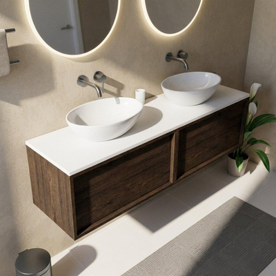 Saniclass Holz Frame Ensemble meuble de salle de bains - 160x45x42.5cm - plan de toilette Torino en solid surface blanc - sans trou de robinet - 2 tiroirs - chêne charcoal mat (bois)