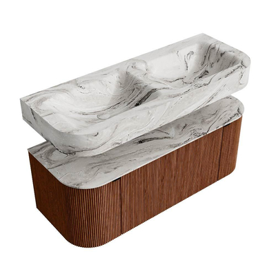 MONDIAZ THOR-DLUX 120cm meuble de salle de bains arrondi gauche + droite couleur Ruby avec 1 tiroir et 2 portes. Vasque suspendue CLOUD Double 2 trous de robinet couleur Glace.