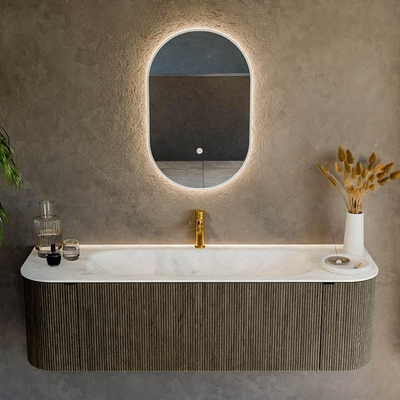Mondiaz KURVE-DLUX Ensemble de meuble salle de bain - 150x46x40cm - 1 tiroir - 2 portes - lavabo en solid surface - milieu - 1 trou de robinet - Shadow