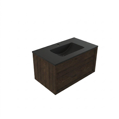 Saniclass Holz Frame Ensemble de meubles de salle de bains - 80x45x42cm - Lavabo en céramique Vygo noir - 1 vasque - 1 trou de robinetterie - 1 tiroir - chêne charcoal mat (bois)