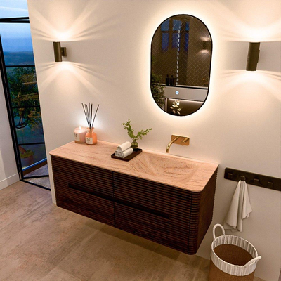 Mondiaz CIRO-DLUX Ensemble de meubles de salle de bains - 130x45x50cm - Plan vasque Solid surface Saba - 1 vasque à droite - sans trous de robinetterie - 4 tiroirs - Noyer