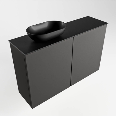 Mondiaz Fowy Toiletmeubel - 80x50x23cm - dark grey mat - 1 kraangat - wasbak links - 2 deuren - solid surface - blad MDF - wasbak: zwart