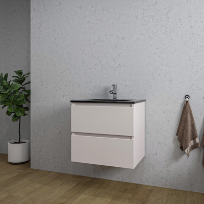 Saniclass Chaci Ensemble meuble de salle de bains - 60x46x55cm - lavabo céramique noir - 1 vasque - 1 trou de robinet - 2 tiroirs - cotton mat (beige)