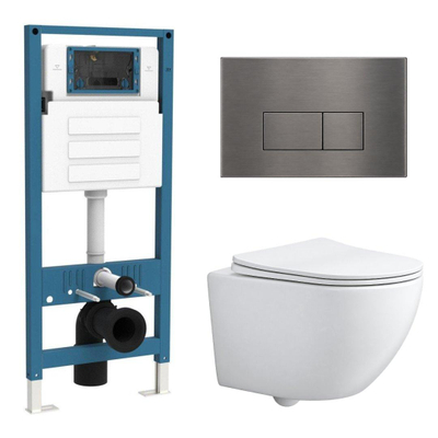 QeramiQ Dely Swirl Ensemble WC Compact - réservoir encastré QeramiQ flush - abattant slim - plaque de commande métallique gunmetal - boutons rectangulaires - blanc mat