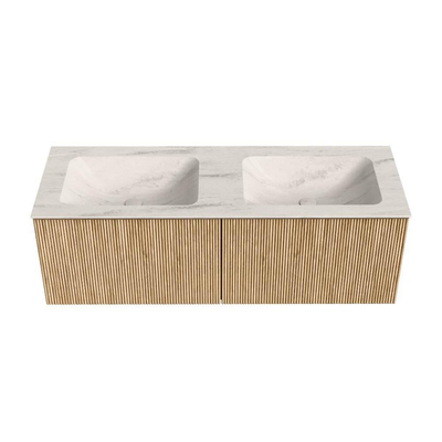 MONDIAZ KURVE-DLUX 130cm badmeubel kleur Oak met 2 lades en 0 deuren. Wastafel LEAF Dubbel zonder kraangat Meli.
