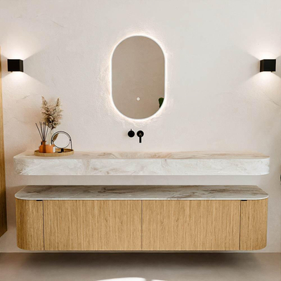 MONDIAZ THOR-DLUX 200cm meuble de salle de bains arrondi gauche + droite couleur Chêne avec 2 tiroirs et 2 portes. Vasque suspendue CLOUD Milieu sans trou de robinet couleur Frappe.