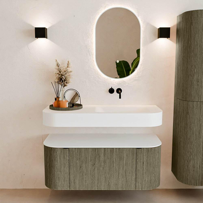 MONDIAZ THOR Meuble de salle de bains 110cm arrondi gauche + droite couleur Shadow avec 1 tiroir et 2 portes. Vasque suspendue CLOUD Droite sans trou de robinet couleur Talc.