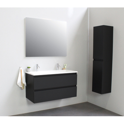 Basic Bella Meuble salle de bains avec lavabo acrylique Blanc avec miroir 100x55x46cm 2 trous de robinet Noir mat