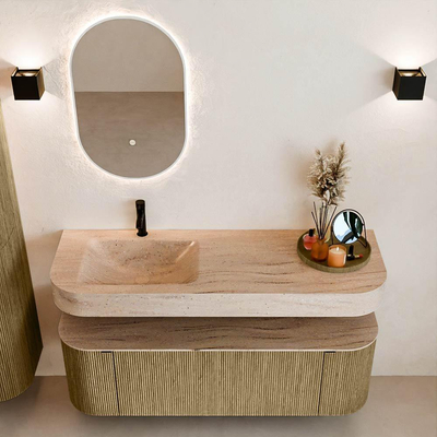 MONDIAZ THOR-DLUX 140cm meuble de salle de bains arrondi gauche + droite couleur Dusk avec 1 tiroir et 2 portes. Vasque suspendue CLOUD gauche 1 trou de robinet couleur Saba.