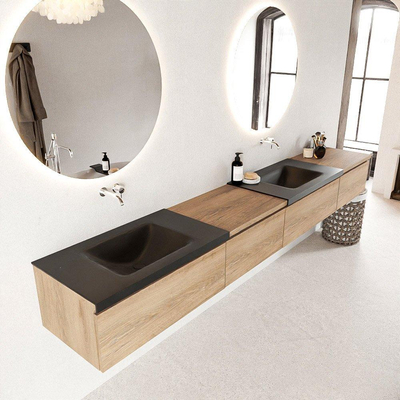 Mondiaz BUKLA badkamermeubelset 280x45x34cm 0 kraangaten 2 wasbakken solid surface Urban greeploos 4 lades met softclose Melamine Washed Oak