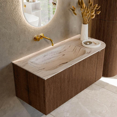 MONDIAZ KURVE-DLUX Meuble de salle de bains 105cm arrondi droite couleur Walnut avec 1 tiroir et 1 porte. Lavabo BIG SMALL gauche sans trou de robinet Nata.