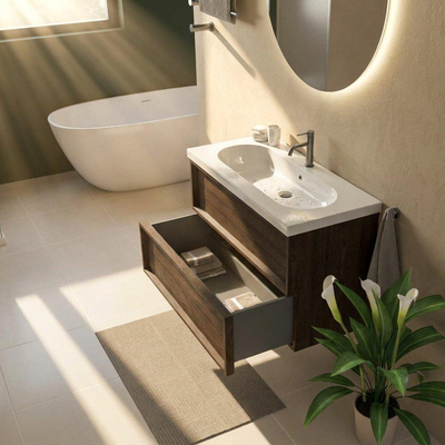 Saniclass Holz Frame Ensemble meuble de salle de bains - 100x45x63.5cm - Palermo lavabo en céramique blanc - 1 vasque - 1 trou de robinet - 2 tiroirs - chêne charcoal mat (bois)