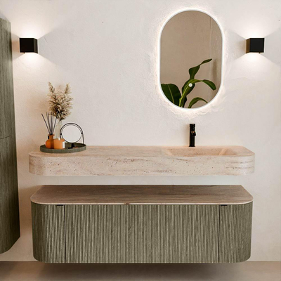 MONDIAZ THOR-DLUX 150cm meuble de salle de bains arrondi gauche + droite couleur Shadow avec 1 tiroir et 2 portes. Vasque suspendue CLOUD Droite 1 trou de robinet couleur Saba.