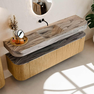 MONDIAZ THOR-DLUX 180cm badmeubel ronding links + rechts kleur Oak met 2 lades en 2 deuren. Vrijhangende wastafel CLOUD Midden zonder kraangat kleur Sombra.