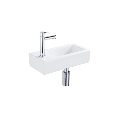 QeramiQ Fuente pack lave-mains – 37,5 x 18,5 x 9 cm – céramique blanc mat – perçage à gauche – robinet chromé