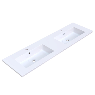 Arcqua Mira Lavabo encastré - 161x46x1.5cm - double vasque - 2 trous de robinet - marbre de synthèse - blanc brillant