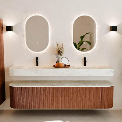 MONDIAZ THOR-DLUX Meuble de salle de bains - 190cm - arrondi gauche + droite - couleur Ruby - 2 tiroirs et 2 portes - Lavabo suspendu CLOUD Double 2 trous de robinet - couleur Ostra