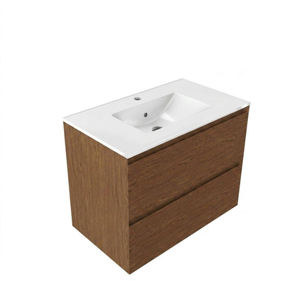 Saniclass Holz Pure Ensemble de meubles de salle de bains - 80x45x62cm - lavabo Vygo en céramique blanc - 1 vasque - 1 trou de robinet - 2 tiroirs - noyer pure mat (bois)