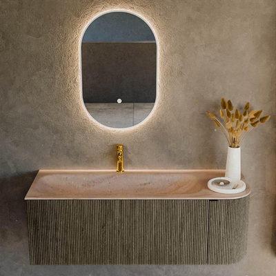MONDIAZ KURVE-DLUX Meuble de salle de bains 125cm arrondi Droit couleur Shadow avec 1 tiroir et 1 porte. Lavabo BIG MEDIUM Gauche 1 trou de robinet Saba.