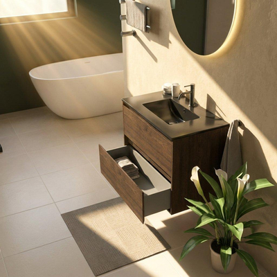 Saniclass Holz Pure Ensemble meuble de salle de bains - 80x45x62cm - Vasque Vygo en céramique noire - 1 vasque - 1 trou de robinetterie - 2 tiroirs - chêne charcoal mat (bois)
