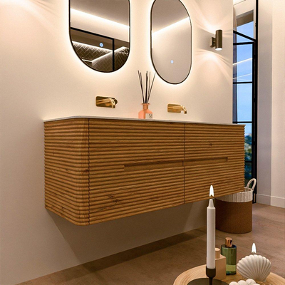 Mondiaz CIRO-DLUX Badkamermeubelset - 140x45x50cm - Solid surface wastafel Opalo - 2 wasbak Dubbel - zonder kraangaten - 4 lades - Oak
