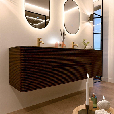 Mondiaz CIRO-DLUX Badkamermeubelset - 170x45x50cm - Solid surface wastafel Lava - 2 wasbak Dubbel - 2 kraangaten - 4 lades - Walnut