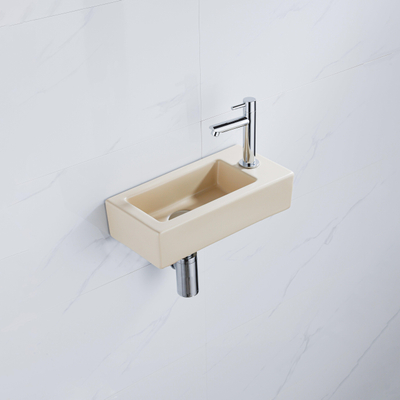 QeramiQ Lave-mains Kit lave-mains - 37.5x18.5x9cm - céramique - trou de robinet à droite - robinet lave-mains chrome - bonde de vidage - siphon abaissé - Mat Beige