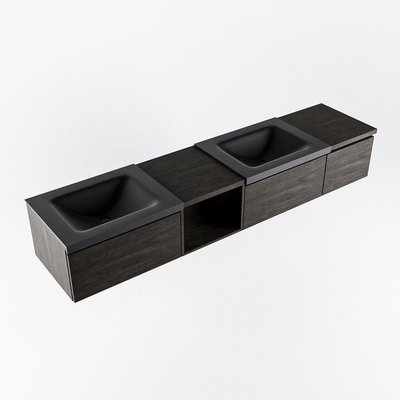 MONDIAZ BUKLA Meuble de salle de bains 200cm avec module ouvert 40 gauche couleur Dark Brown avec 3 tiroirs. Lavabo CLOUD double 2 trous de robinet couleur Urban.