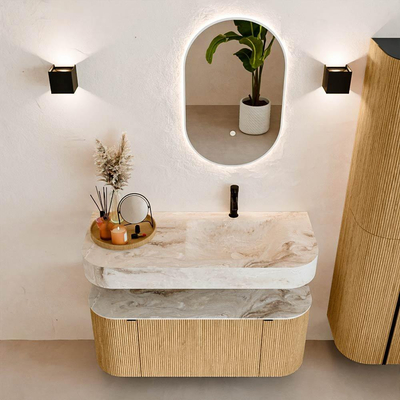 MONDIAZ THOR-DLUX 110cm badmeubel ronding links + rechts kleur Oak met 1 lade en 2 deuren. Vrijhangende wastafel CLOUD Rechts 1 kraangat kleur Frappe.