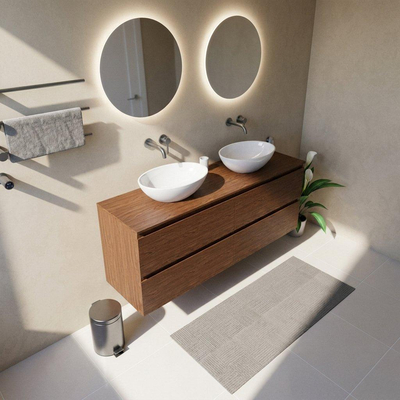 Saniclass Holz Pure Ensemble meuble de salle de bains - 160x45x62cm - plan de travail en bois - sans trou de robinetterie - 4 tiroirs - noyer pure mat (bois)