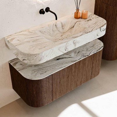 MONDIAZ THOR-DLUX 110cm badmeubel ronding links + rechts kleur Walnut met 1 lade en 2 deuren. Vrijhangende wastafel CLOUD Midden zonder kraangat kleur Glace.