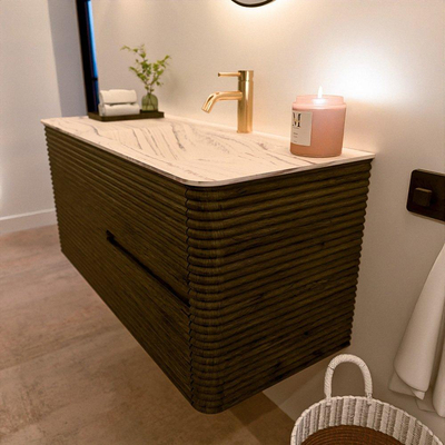 Mondiaz CIRO-DLUX Meuble de salle de bains - 110x45x50cm - Plan-vasque en solid surface Nata - 1 lavabo à droite - 1 trou de robinet - 2 tiroirs - Shadow