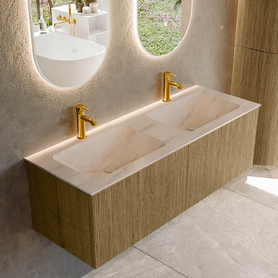 MONDIAZ KURVE-DLUX Meuble de salle de bains 130cm couleur Dusk avec 2 tiroirs et 0 portes. Lavabo LEAF Double 2 trous de robinet Meli.