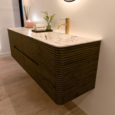 Mondiaz CIRO-DLUX Badkamermeubelset - 160x45x50cm - Solid surface wastafel Glace - 1 wasbak Rechts - 1 kraangat - 4 lades - Shadow