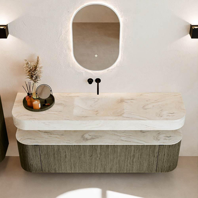 MONDIAZ THOR-DLUX 170cm meuble de salle de bains arrondi gauche + droite couleur Shadow avec 1 tiroir et 2 portes. Vasque suspendue CLOUD Milieu sans trou de robinet couleur Ostra.