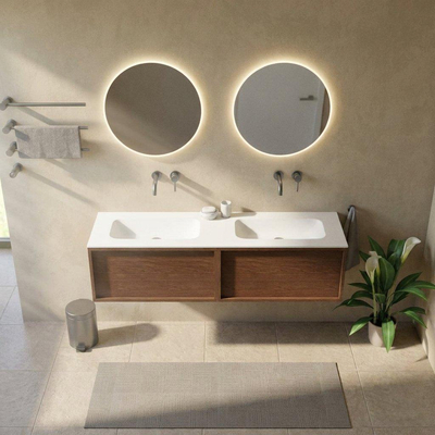 Saniclass Holz Frame Ensemble de meubles de salle de bains - 160x45x41.5cm - Flow lavabo en solid surface blanc - 2 vasques - sans trous de robinetterie - 2 tiroirs - noyer pure mat (bois)