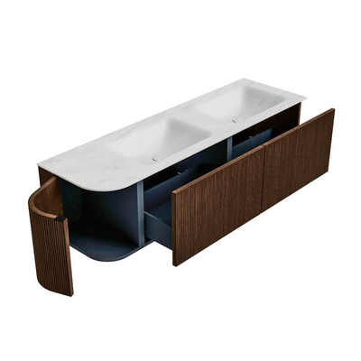 MONDIAZ KURVE-DLUX 155cm badmeubel met module 25 L kleur Walnut met 2 lades en 1 deur. Wastafel LEAF dubbel / rechts zonder kraangat kleur Opalo.