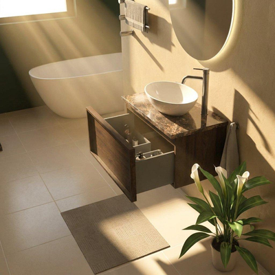 Saniclass Holz Frame Ensemble meuble de salle de bains - 80x45x43cm - Plan de travail en pierre naturelle Noche dark emperador - 1 trou de robinet - 1 tiroir - chêne charcoal mat (bois)
