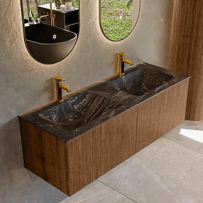 MONDIAZ KURVE-DLUX 130cm Meuble salle de bain - couleur Walnut - 2 tiroirs - vasque LEAF double - 2 trous de robinet - couleur Lava