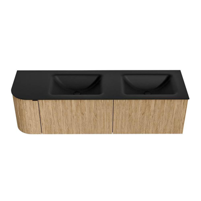 MONDIAZ KURVE Meuble de salle de bains 155cm avec module 25 L couleur Chêne avec 2 tiroirs et 1 porte. Lavabo CLOUD double / droite 2 trous de robinet Urban.