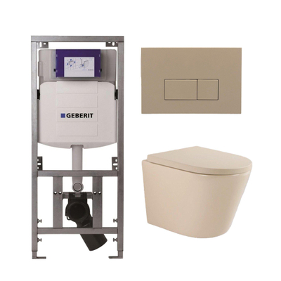 QeramiQ Dely Swirl Toiletset - 36.3x51.7cm - Geberit UP320 inbouwreservoir - met Burda frame - 35 mm zitting - bedieningsplaat taupe - rechthoekige knoppen - beige