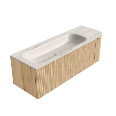 MONDIAZ KURVE-DLUX 135cm badmeubel ronding Rechts kleur Oak met 1 lade en 1 deur. Wastafel BIG MEDIUM Links 1 kraangat Meli.