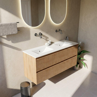 Saniclass Holz Atelier Ensemble de meubles de salle de bains - 140x45x62cm - lavabo Vygo en céramique blanc - 2 vasques - sans trous de robinet - 4 tiroirs - chêne natural brillant (bois)